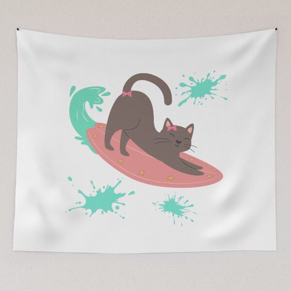 Item preview, Cute cat surfboard with wave and splatter accents designed and sold by LaUnArt.