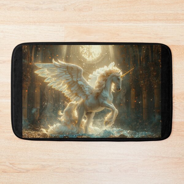 Item preview, A winged unicorn rises from a glimmering pool in a mystical castle bathed in soft twilight designed and sold by yurachampion.