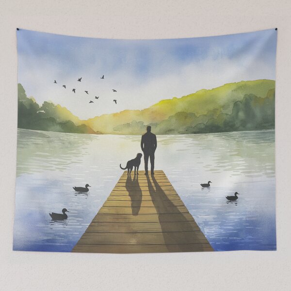 Item preview,   Serene Watercolor of Man and Dog by Tranquil Lake designed and sold by AnimalAirtistry.