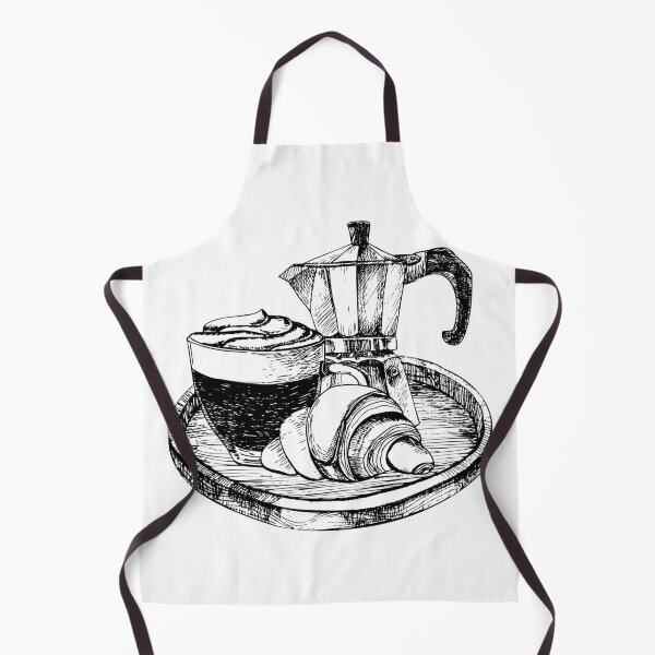 Item preview, Vector hand drawn composition cappuchino coffee with foam and caramel topping in a glass mug, a crispy croissant and geyser coffeemaker on a tray. designed and sold by TanyaKremen.