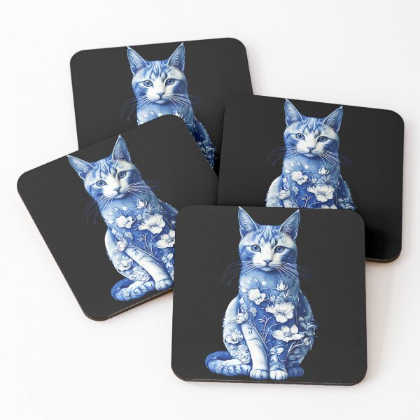 Item preview, Blue and white Chinese flower porcelain cat designed and sold by PrettyDecor.