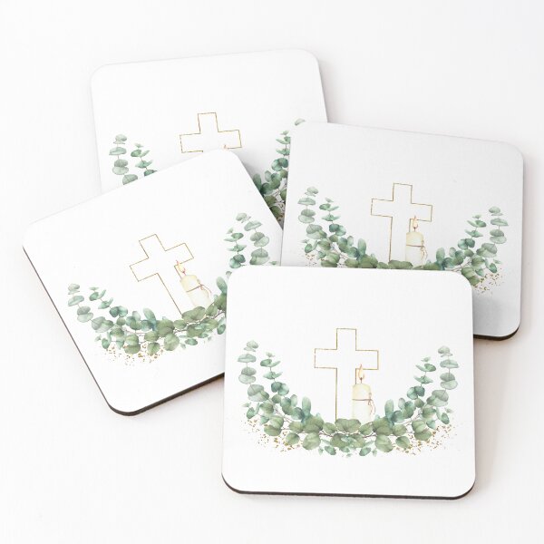 Item preview, Golden Cross with church burning candle and green eucalyptus branch. Watercolor designed and sold by BartolArt.