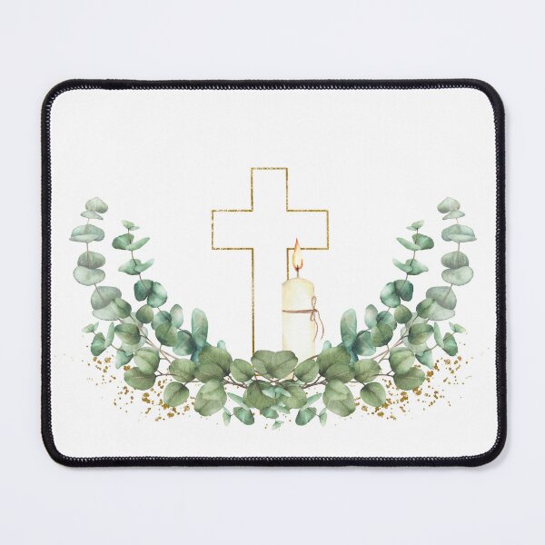 Item preview, Golden Cross with church burning candle and green eucalyptus branch. Watercolor designed and sold by BartolArt.