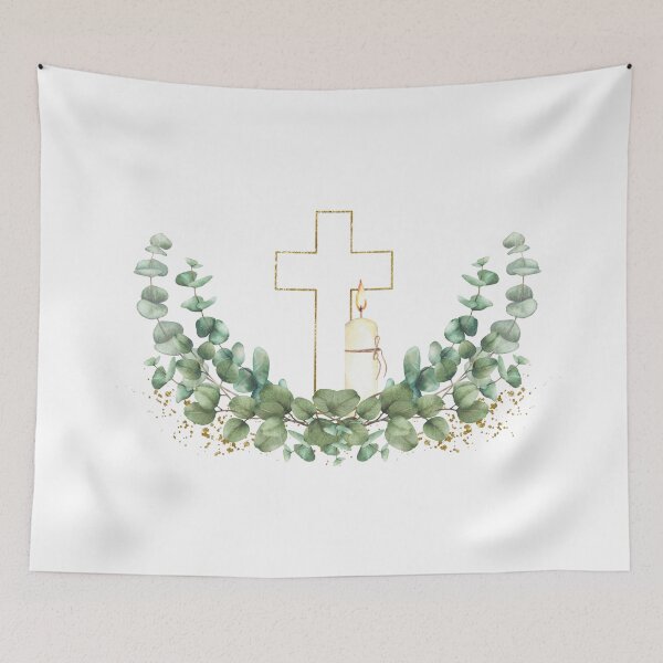 Item preview, Golden Cross with church burning candle and green eucalyptus branch. Watercolor designed and sold by BartolArt.