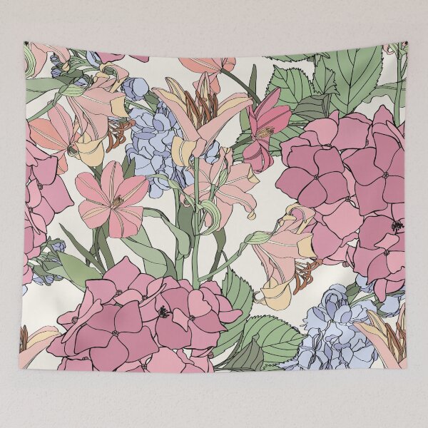 Item preview, Seamless repeating pattern with hand drawn simple colored hydrangea, tulips, Matthiola flowers. designed and sold by MatyKotiv.