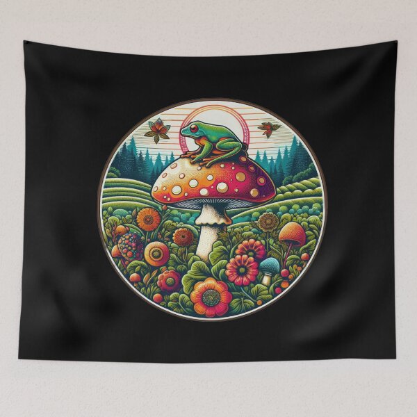 Item preview, Vintage Flowers red mushroom with white dots and green frog,vintage mushrooms ,vintage frog,mushrooms ,frog designed and sold by Expressions-Sel.
