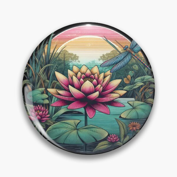 Item preview, Vintage Flowers colorful water lily with dragonfly,Vintage water lily,Vintage dragonfly,dragonfly, water lily designed and sold by Expressions-Sel.