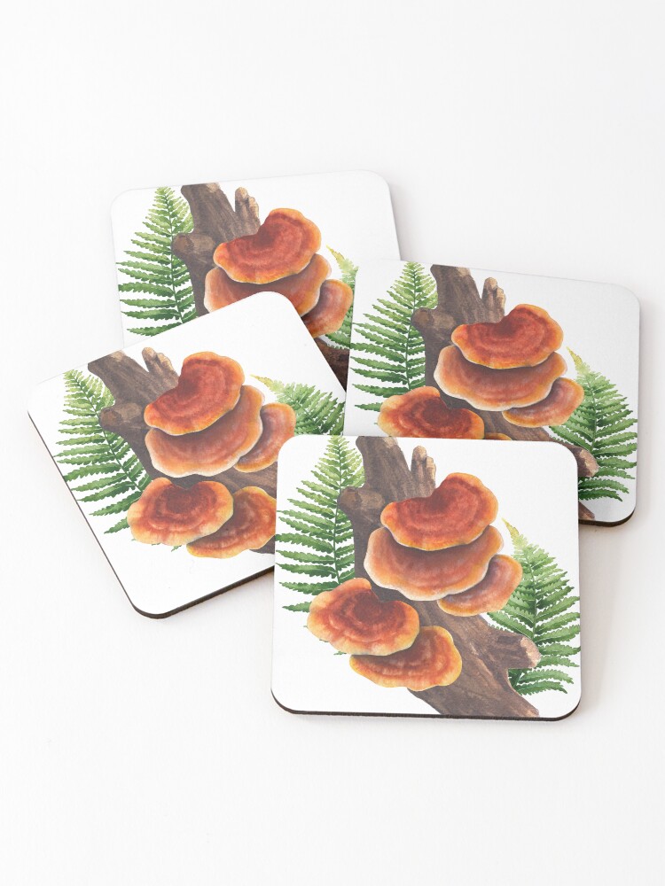 Thumbnail 1 of 5, Coasters (Set of 4), Watercolor Reishi mushroom designed and sold by Glazkova.