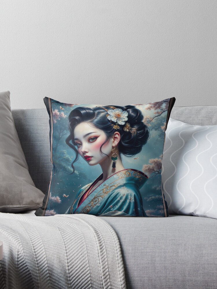 The Delicate Serene Beauty Of Takara Yumi In A Floral Kimono AI Concept Art by Xzendor7 4 The Delicate Serene Beauty Of Takara Yumi In A Floral Kimono Captivating AI Concept Art by Xzendor7 Decorative Art Print Throw Pillow
