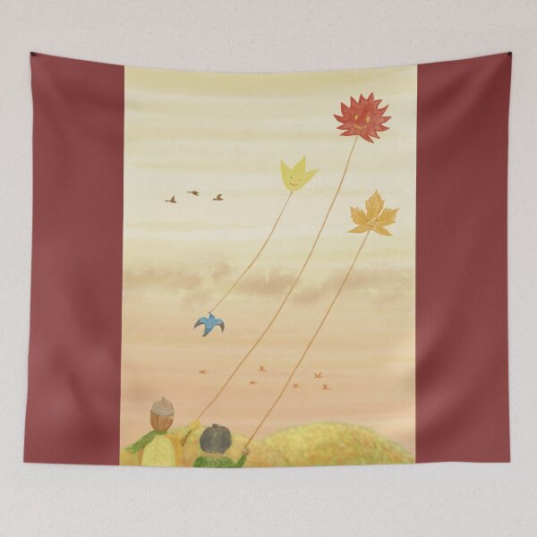 Item preview, Three good friends flying leaf-kites in autumn designed and sold by greenPQBstudio.