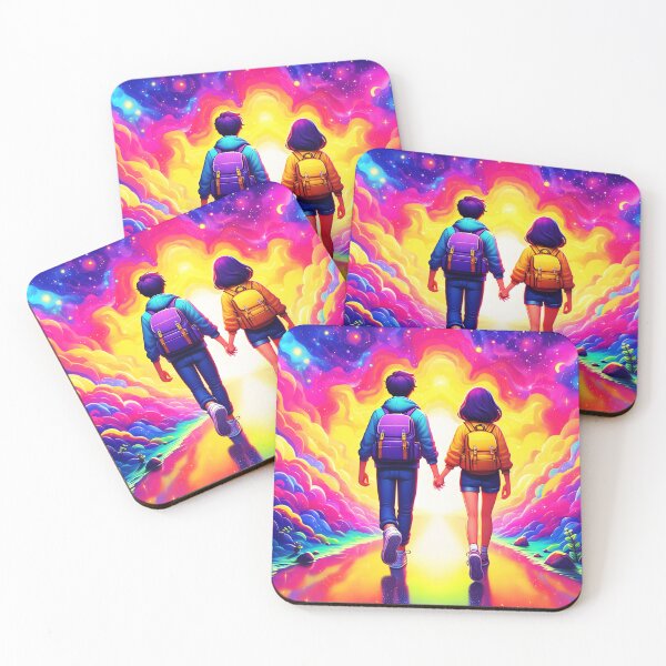 Item preview, A teenager kid couple hand in hand backwards to us walking toward pink-blue cloudy fantasy galaxy place cartoon style designed and sold by EmeraldeaArt.