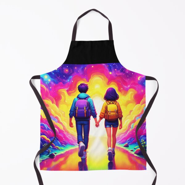 Item preview, A teenager kid couple hand in hand backwards to us walking toward pink-blue cloudy fantasy galaxy place cartoon style designed and sold by EmeraldeaArt.