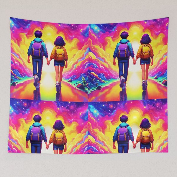 Item preview, A teenager kid couple hand in hand backwards to us walking toward pink-blue cloudy fantasy galaxy place cartoon style designed and sold by EmeraldeaArt.