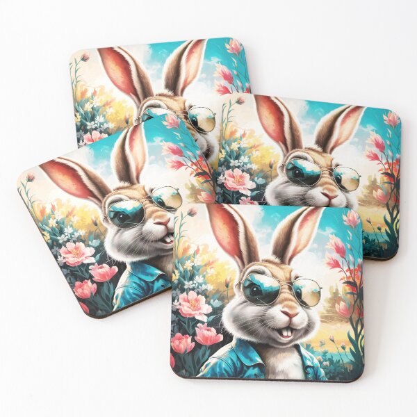 Item preview, A retro vintage Bunny easter Hare wearing sunglasses character on a blooming meadow designed and sold by EmeraldeaArt.