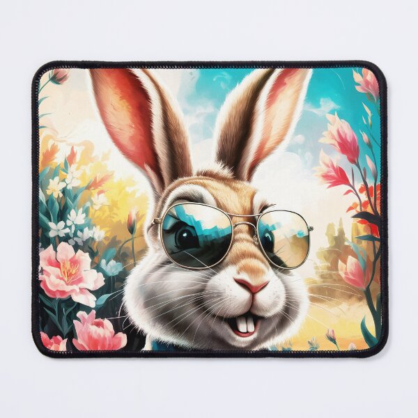 Item preview, A retro vintage Bunny easter Hare wearing sunglasses character on a blooming meadow designed and sold by EmeraldeaArt.