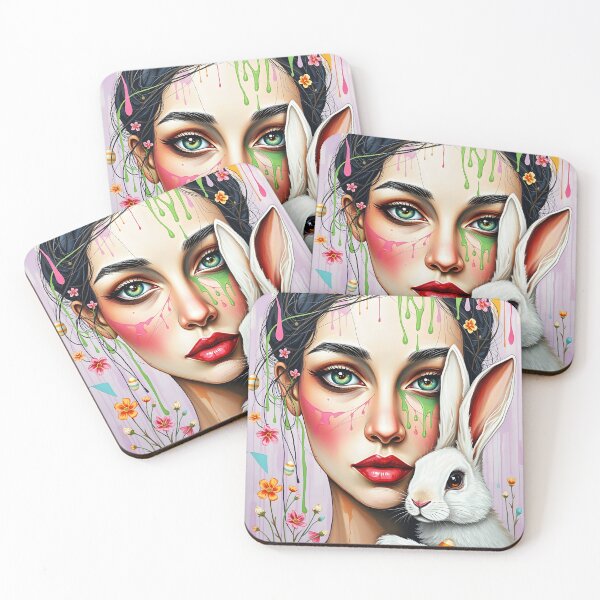 Item preview, Easter themes artsy illustration white rabbit painterly girl face portrait abstract paint splash fluids designed and sold by EmeraldeaArt.