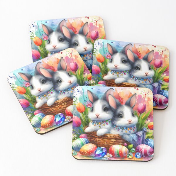 Item preview, Bejeweled cute bunnies in a basket surrounded by easter eggs and tulips watercolour art designed and sold by EmeraldeaArt.