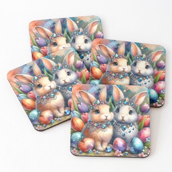 Item preview, Bejeweled cute Easter bunnies surrounded by shiny easter eggs and tulips watercolour art designed and sold by EmeraldeaArt.