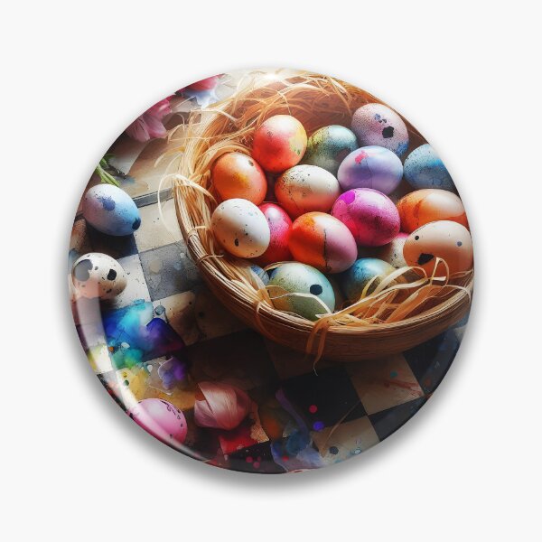 Item preview, bunch of fresias placed next to a basket of colorful little easter eggs on a chessboard watercolour art designed and sold by EmeraldeaArt.