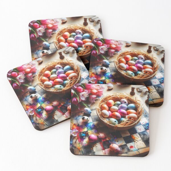 Item preview, bunch of fresias placed next to a basket of colorful little easter eggs on a chessboard watercolour art designed and sold by EmeraldeaArt.