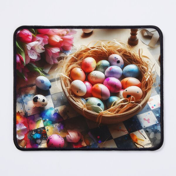 Item preview, bunch of fresias placed next to a basket of colorful little easter eggs on a chessboard watercolour art designed and sold by EmeraldeaArt.