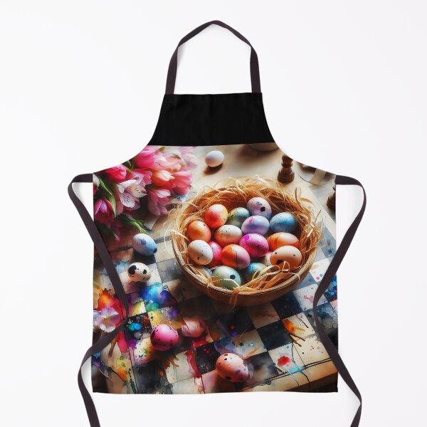 Item preview, bunch of fresias placed next to a basket of colorful little easter eggs on a chessboard watercolour art designed and sold by EmeraldeaArt.