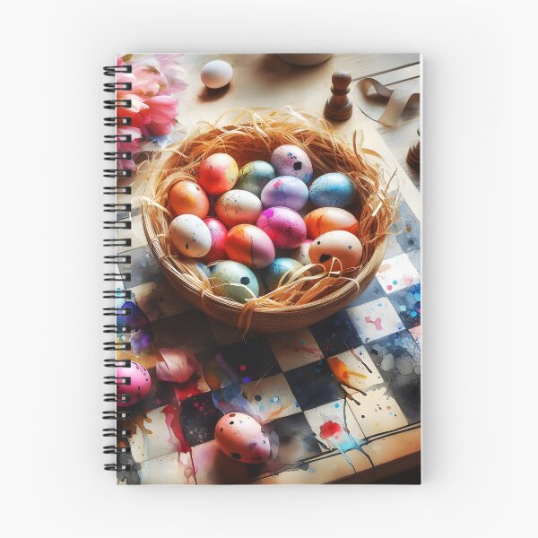 Item preview, bunch of fresias placed next to a basket of colorful little easter eggs on a chessboard watercolour art designed and sold by EmeraldeaArt.