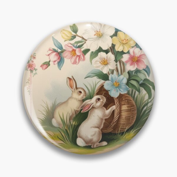 Item preview, Vintage easter print with bunnies and a basket designed and sold by DollyPopPrints.