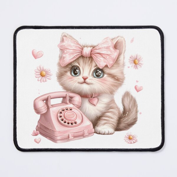 Item preview, Hello Cutie – Vintage Kitten with Bow and Phone designed and sold by AI-Only Creations.