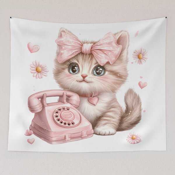 Item preview, Hello Cutie – Vintage Kitten with Bow and Phone designed and sold by AI-Only Creations.