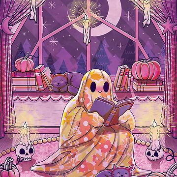 Artwork thumbnail, Cute Bookish Ghost With Cats by StudioFloraLuna