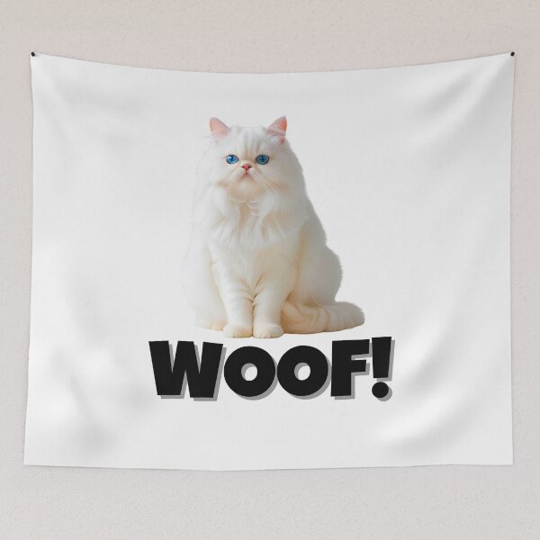 Item preview, White Persian Cat with Blue Eyes Saying "WOOF!" – Funny Cat Meme Design designed and sold by Fredster1966.