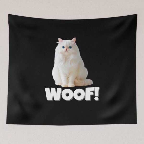 Item preview, White Persian Cat with Blue Eyes Saying "WOOF!" – Funny Cat Meme Design designed and sold by Fredster1966.