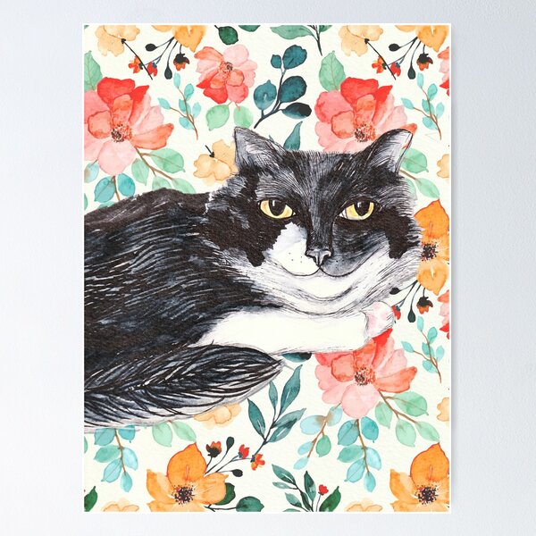 Item preview,  Sassy Saffy The Whimsical Smiling Cat in Pen Ink Floral Watercolor designed and sold by The Art of Ella Lim.