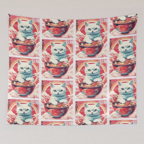 Item preview, Vintage Japanese Ad Art Of A Kitten Eating Ramen designed and sold by The Mad Muffin.