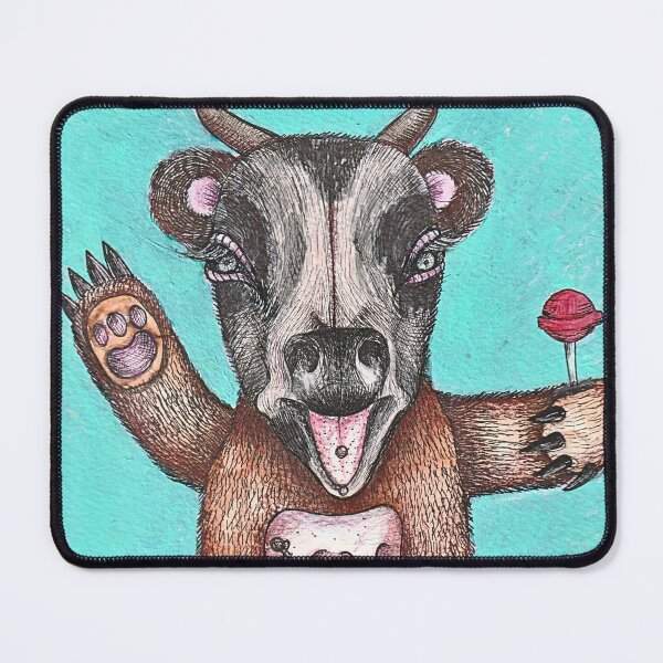 Item preview, Milk & Mischief Surreal Pen a& Ink Illustration of a Cow Teddy Bear with Piercings designed and sold by The Art of Ella Lim.