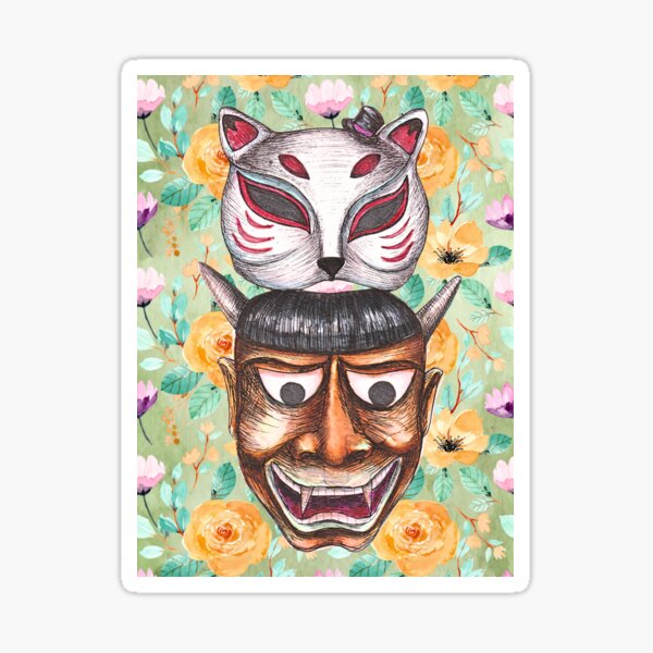 Item preview, Duality in Bloom - Kitsune Mask & Hannya Mask in Pen Ink Illustration with Floral Watercolor designed and sold by The Art of Ella Lim.