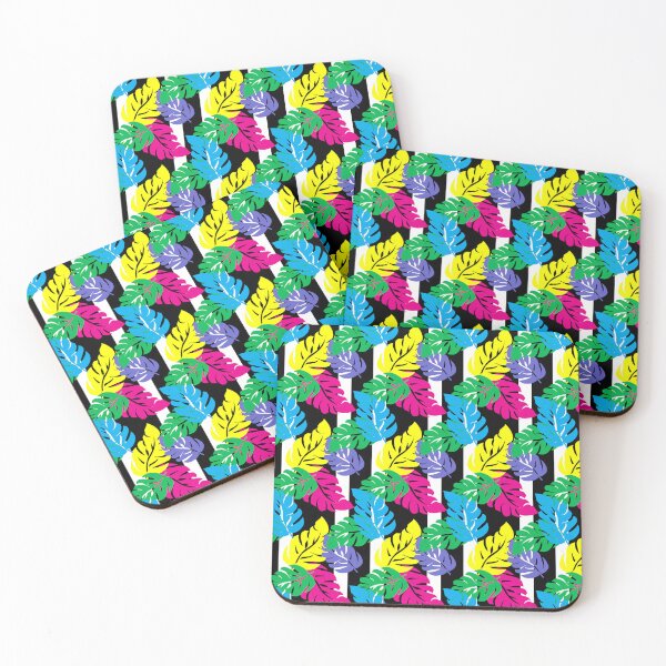 Item preview, Neon Tropical Leaves on Black and White Stripe  designed and sold by Sharon Schwalbe.