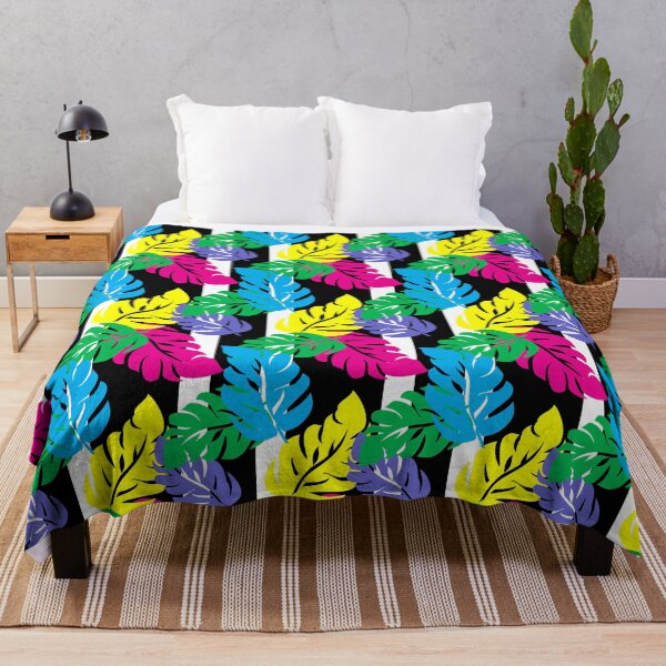 Item preview, Neon Tropical Leaves on Black and White Stripe  designed and sold by Sharon Schwalbe.