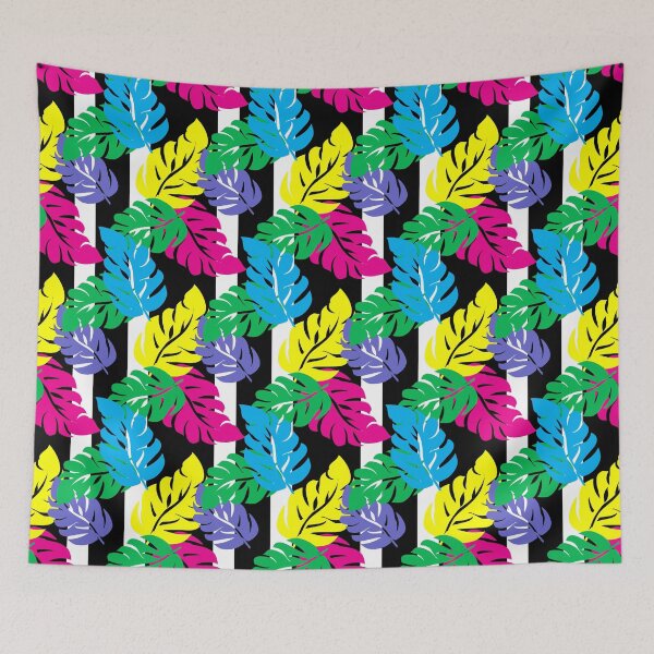 Item preview, Neon Tropical Leaves on Black and White Stripe  designed and sold by Sharon Schwalbe.