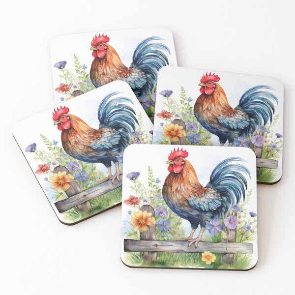 Item preview, Watercolor Crowing Rooster on Fence in Flowers designed and sold by Laura DeCamp.