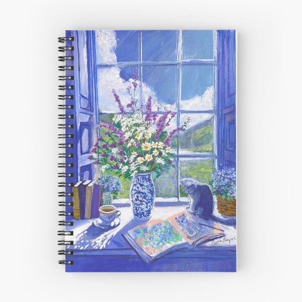 Item preview, Blue Vase Scottish Landscape Gray Cat Wildflowers Forget Me Nots Window designed and sold by Laura-Rispoli.