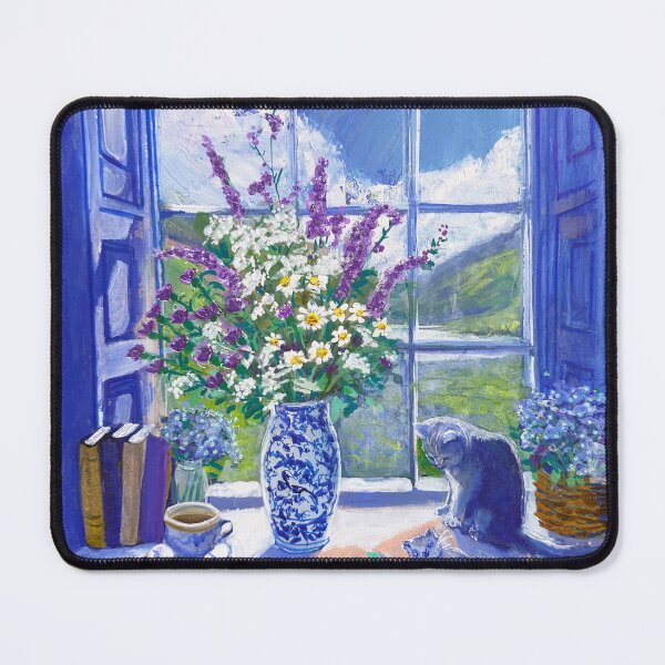 Item preview, Blue Vase Scottish Landscape Gray Cat Wildflowers Forget Me Nots Window designed and sold by Laura-Rispoli.