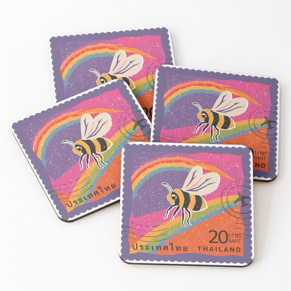 Item preview, Rainbow Bee Stamp – Thai 20 Baht Retro Postage Design designed and sold by Beemyguest.