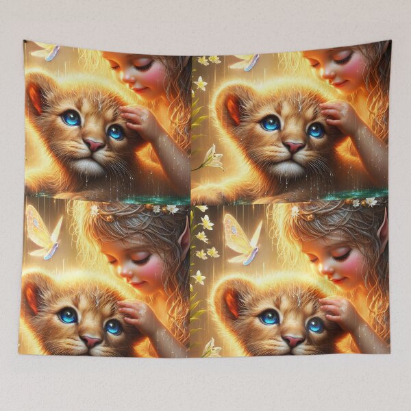 Item preview, Little blond fairy girl pet a cute blue baby lion surrounded by flowers and a glowing butterfly they are wet its raining digitalart designed and sold by EmeraldeaArt.