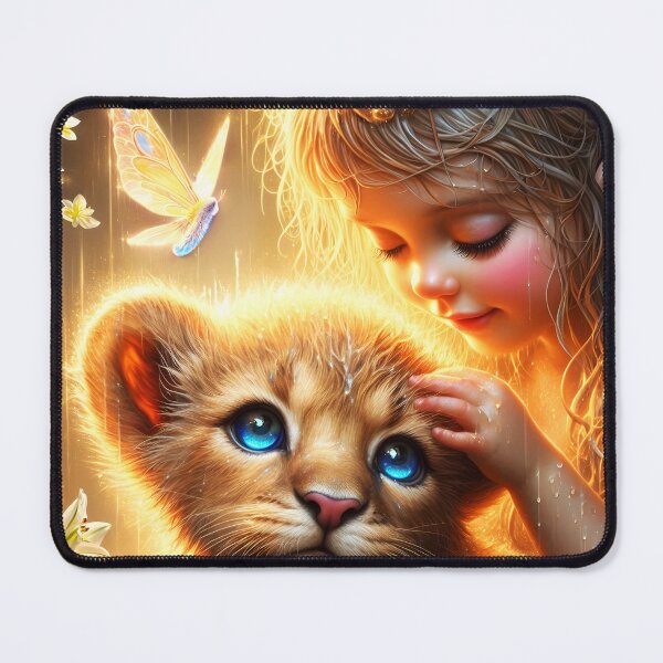 Item preview, Little blond fairy girl pet a cute blue baby lion surrounded by flowers and a glowing butterfly they are wet its raining digitalart designed and sold by EmeraldeaArt.
