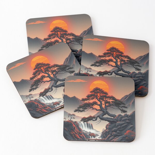 Item preview, Asian Art: Mountain Landscape with Waterfall, Red Sun designed and sold by Salimgor Hangaround Music.