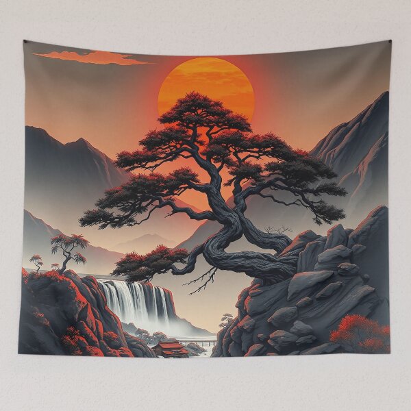 Item preview, Asian Art: Mountain Landscape with Waterfall, Red Sun designed and sold by Salimgor Hangaround Music.