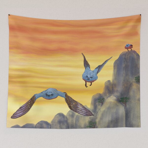 Item preview, An adorable blue bird and mountains at sunset designed and sold by greenPQBstudio.