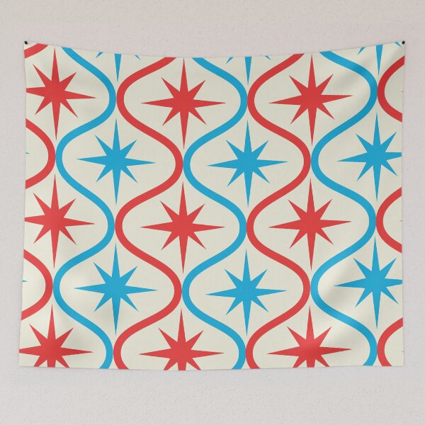 Item preview, Mid Century Atomic Starbursts on Blue and red Ogee Pattern  designed and sold by Yasminepatterns .